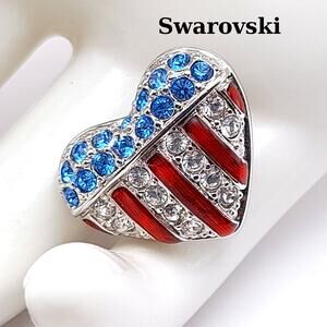 Signed Swan Swarovski Crystal American Flag Heart Patriotic USA July 4th